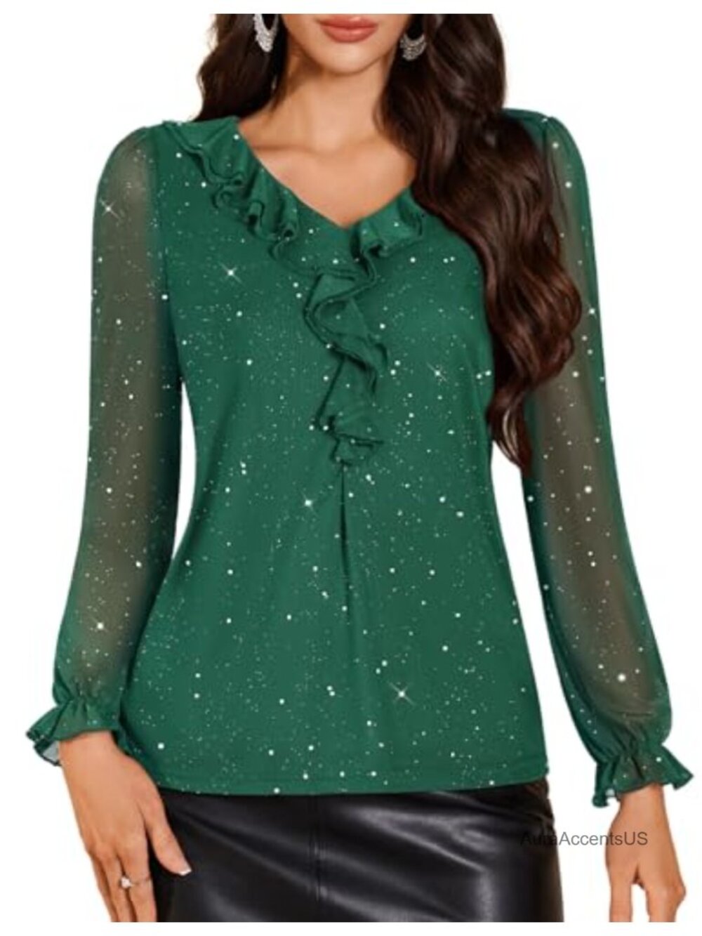 Sequin Long Sleeve Mesh Blouse V-Neck Party Tunic Double Layer